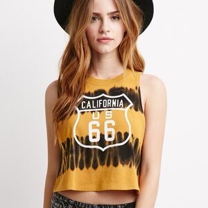 Forever 21 US 66 Graphic Tie Dye Crop muscle tee Small Black Yellow